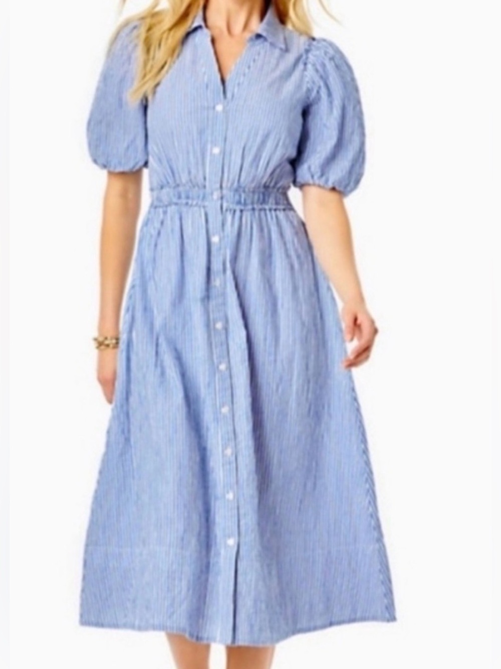 Lilly‎ Pulitzer Tassie Midi Seersucker Look Ticking Stripe Shirt Dress Lined 10